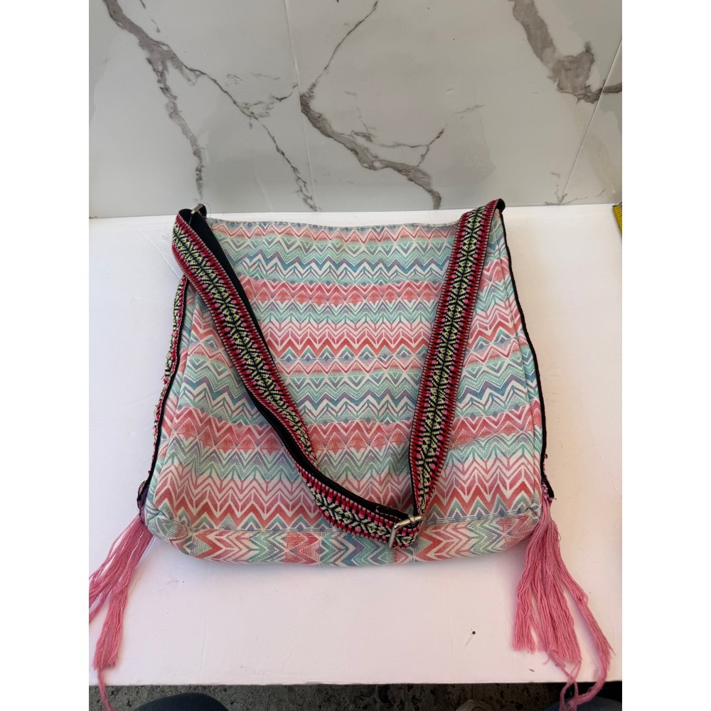 Boho Woven Chevron Crossbody Bag with Tassels and Geometric Strap Multi-Color